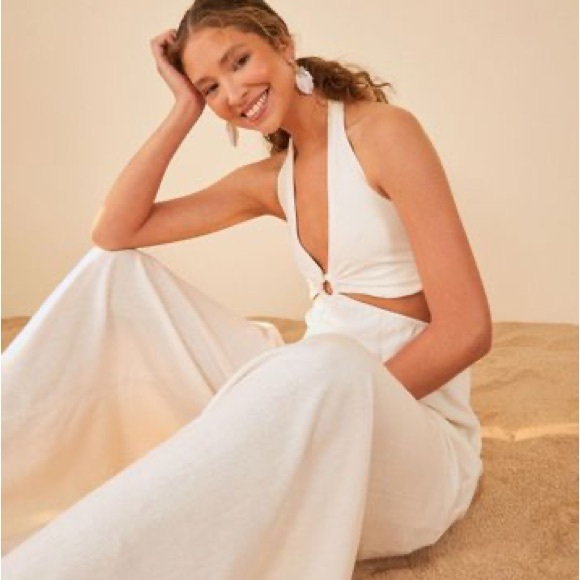 FARM Rio Pants - FARM RIO White Halter Jumpsuit